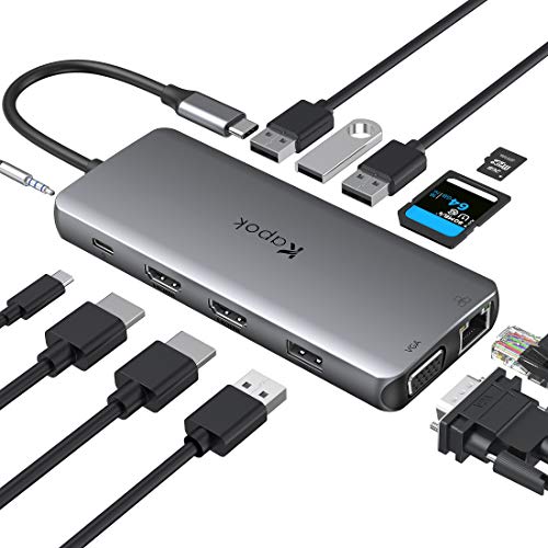 USB C to Dual HDMI Adapter USB-C Multiport Adapter USB C Hub Dual HDMI 12 in 1 Triple Display USB-C Docking Station with Dual HDMI+VGA+Ethernet+2USB 3.0+PD,for MacBook Pro/Air,HP,Dell XPS,Surface