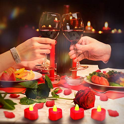 Image of Honoson 1000 Pieces Artificial Red Rose Petals with 24 Pcs Flameless Heart Shaped LED Tealights Candles Special Romantic Night Decorations for Proposal Wedding Anniversary Table Decor
