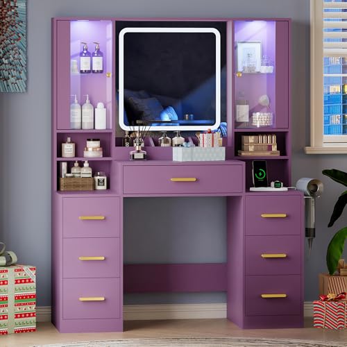 Image of HUANLEGO Makeup Vanity Desk with Mirror and LED Lights for Girls, Purple | Farmhouse Dressing Table Set for Women, LED Glass Cabinet, 7 Drawers, Power Outlet, Hair Dryer, 3 Lighting Modes