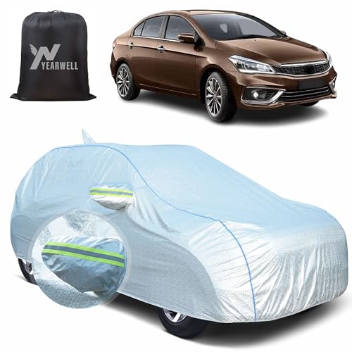 Image of Car Body Cover for Maruti Ciaz, 100% Waterproof, Heat-Resistant with Mirror & Antenna Pockets, Soft Cotton Lining, Triple Stitched, Piping & Reflector (Reflective Silver)