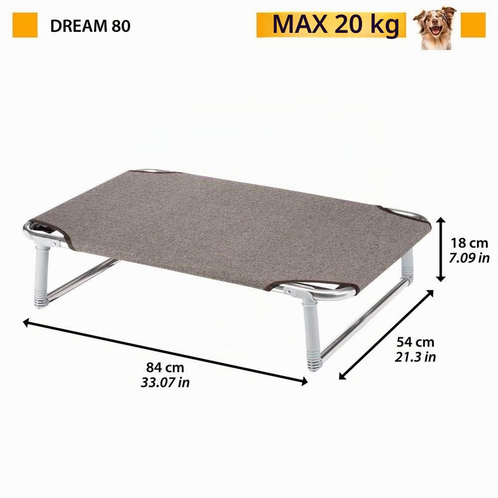 Ferplast Lettino per Cane, Cuccia Cane, Brandina pieghevole per cani DREAM 80, solida struttura in alluminio, Telo in tessuto, 84 x 54 x h 18 cm Tortora