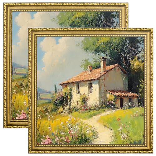 Image of eletecpro 12x12 Vintage Picture Frame, Glass Cover, Gold, 2-Pack | Display Photo 8x8 with Mat or 12x12 without, Wall Mount