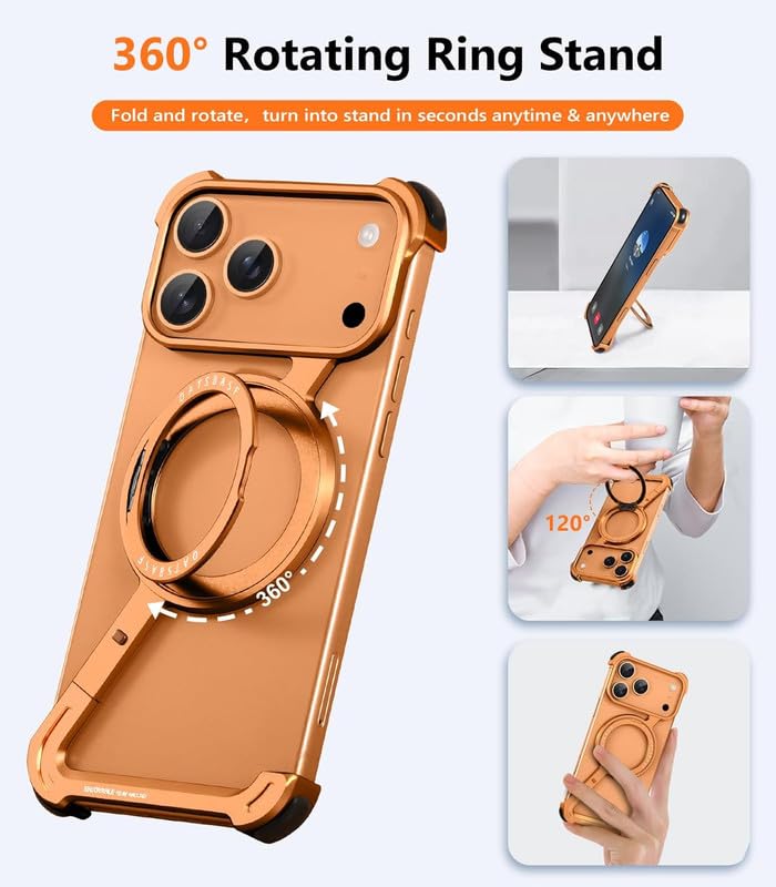 Image of Z Shaped Frameless Metal Bumper Compatible with iPhone 17 Pro Max with 360 Rotate Ring Kickstand | Luxury Aluminum Armor Case | Super Slim Metal - Orange Titanium