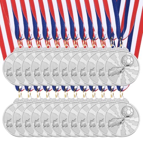 MECCANIXITY Soccer Medals 2 Inch, Silver Award Medals with Neck Ribbon for Team Sports Games Competitions Party Favors 24 Pieces