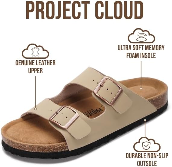 Project Cloud 100% Genuine Leather Flat Sandals For Women 2026 Cork Footbed Womens Sandals with Memory Foam and arch support Vacation Essentials Slides for Women Footwear (Venita) - Image 3