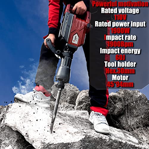 JACKCHEN 1900W Demolition Electric Jack Hammer Concrete Breaker Power Hammer, Heavy Duty Concrete Breaker Demolition Drills with Flat Chisel, Bull Point Chisel, Flat Chisel, U Chisel and Gloves