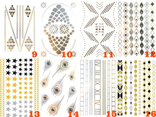 (Random Send) Waterproof Gold And Silver Metallic Temporary Tattoos, Flash Fake Tattoo Stickers For Outdoor Body Arm Bracelets Decoration (3 Sheets) #TOP2