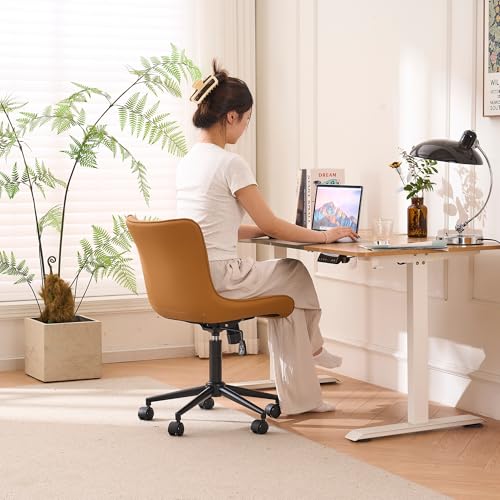 Image of YOUNIKE Office Desk Chair with Wheels Armless Vanity Chair Modern Tan | Faux Leather Upholstered with Rocking Back, Swivel Height Adjustable Small Cute Computer Rolling Task Chair Ergonomic 300lb