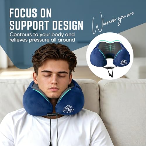 Image of SkytraxComf Travel Neck Pillow with Hood for Privacy on Long Flights | Memory Foam | Airplane Sleep | Safety-Tested Materials | Extra Large Hood | Chin Support | Earplugs | Washable Cover