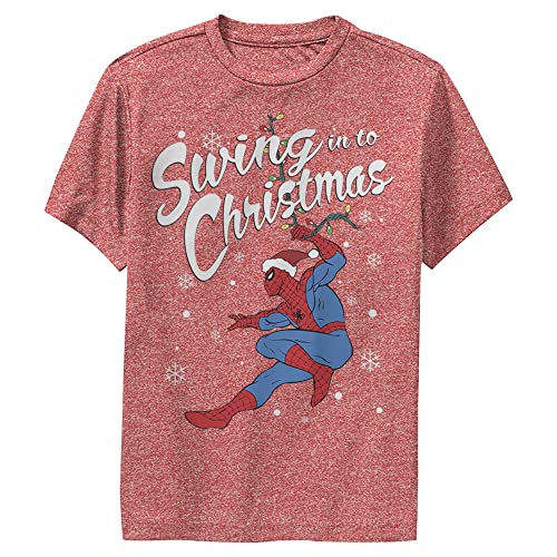 Marvel Kid's Swinging Spidey Xmas T-Shirt, Red Heather, Medium - image 1