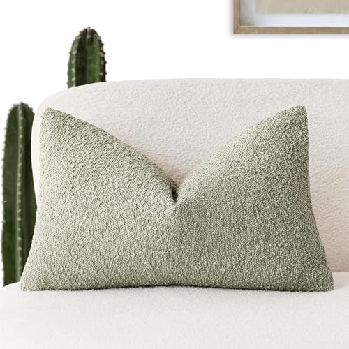 Image of Foindtower Decorative Textured Boucle Throw Pillow Covers Accent Solid Lumbar Pillow Cases Neutral Soft Couch Cushion Case for Chair Sofa Bedroom Living Room Home Decor 12x20 Inch,1PC,Dirty Sage Green
