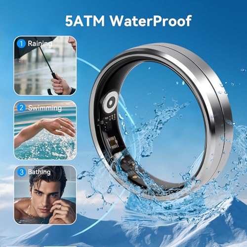 Image of Smart Ring for Women and Men, 5ATM Waterproof Smart Rings Health Tracker with Sleep /Stress /Heart Rate /Activity Monitor, No Subscription, Smart Rings Fitness Tracker for Android iOS, Size 10, Silver
