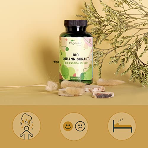 Bio Johanniskraut hochdosiert | mit Passionsblume | Extrakte aus Europa | Laborgeprüft | Hypericin - Flavonoide | Vegan - ohne Zusatzstoffe | Deutsche Produktion von Vegavero