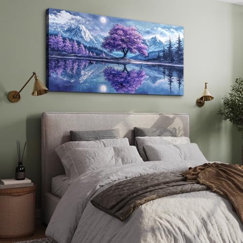 SERIMINO Tree of Life Large Wall Art for Living Room, Fantasy Landscape Canvas Prints, Snow Mountain Lake Pictures, Purple Tree Paintings Home Decor for Bedroom, Office Decor 30"X60"
