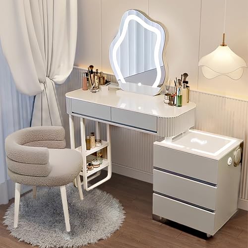 Mesa de tocador iluminada con taburete Bluetooth y carga inalámbrica, 3 colores ajustables, cajón de almacenamiento, perfecto para configuración de maquillaje de dormitorio