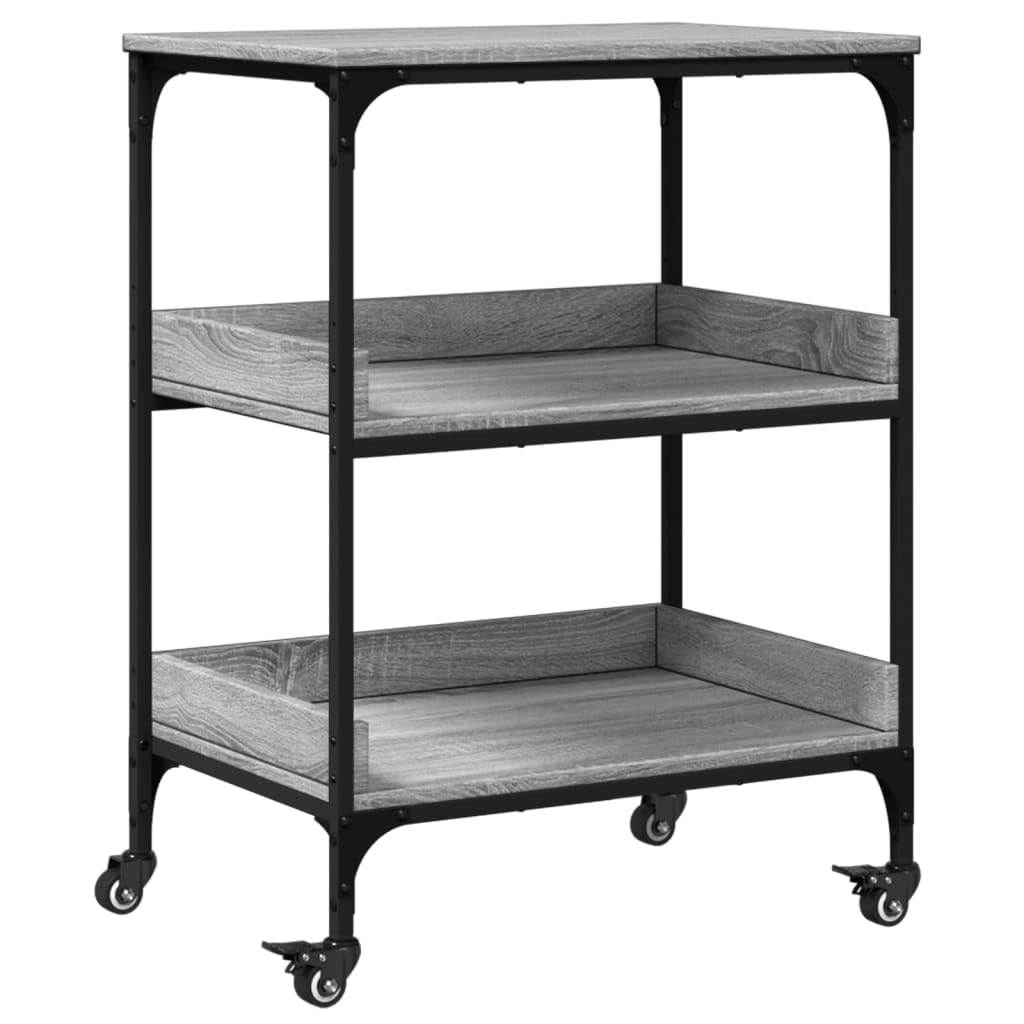 Carro de cocina gris Sonoma 60 x 41 x 80,5 cm de material de madera con marco de acero y 4 ruedas, 2 con bloqueo, carrito de servicio para almacenamiento adicional en la cocina y el salón,