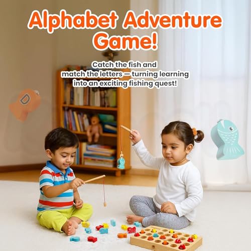 Image of SHINETOY Wooden Magnetic Fishing Game, Fine Motor Skill Toy ABC Alphabet Color Sorting Puzzle, Montessori Letters Cognition Preschool Gift for Years Old Kid Early Learning with 2 Pole