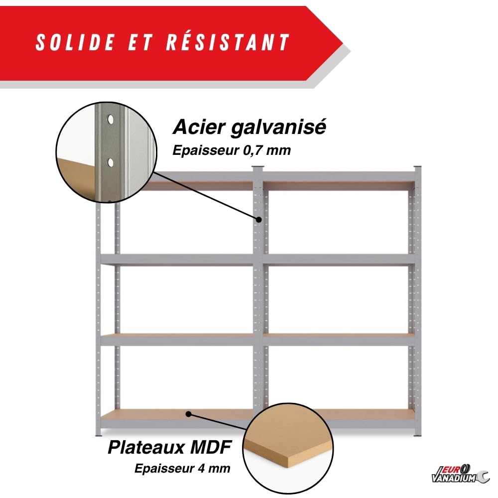 Double Étagères de Rangement Charges Lourdes - 160 x 160 cm - 640 kg - Étagères de Garage modulables, 4 Niveaux, 8 Plateaux - 40 cm - Gris