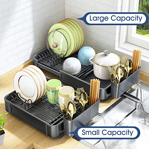 Herjoy Aluminium Dish Drying Rack, Dish Racks For Kitchen Counter, Expandable(14.9"-22.2") Kitchen Large Capacity Dish Drying Rack With Drainboard, Dish Rack With Utensil Holder(Drying Mat Gift) #TOP5