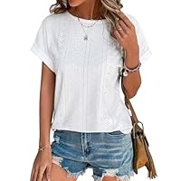 Awemeal T-Shirt Damen Kurzarm Rundhals Elegant Lochstickerei Oberteil Bluse Sommer Casual Blusenshirt Top Einfarbig Tee Shirts Tunika (XL, Weiß)
