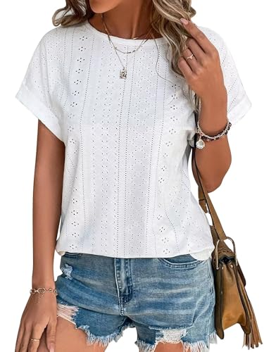 Awemeal T-Shirt Damen Kurzarm Rundhals Elegant Lochstickerei Oberteil Bluse Sommer Casual Blusenshirt Top Einfarbig Tee Shirts Tunika (M, Weiß)