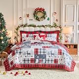 Christmas Patchwork Quilt Set Queen Size 88x88 Red Black Plaid with White Gray Deers Socks Candy Snowflake Christmas New Year Style Microfiber Winter Warm Bedding Coverlet Bedspread Holiday Design
