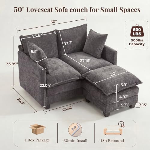 Image of KYJ Loveseat Sofa with Ottoman, Cloud 3 Layer Cushion Love Seat Couch | 50 inch Chenille Small Sofa, 27 inch Deep Seat, 2 Washable Pillow, in a Box for Bedroom & Living room, Singles, Couple & Kid, Grey