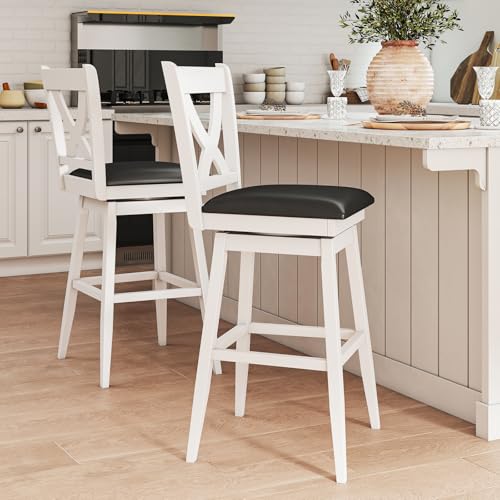 Image of Swivel Bar Stools Set of 2, Farmhouse 30 inch Counter Height Barstools with X Carved Backs, Wooden Bar Chair with Solid Wood Legs & Footrest for Kitchen Island, Home Bar, Pub. Pure White
