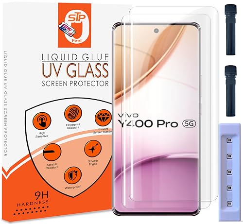 Image of STP FEEL Advanced UV Tempered Glass Screen Protector Guard Compatible For Vivo Y400 Pro 5G (6.77 Inch, Pack of 2) Full Adhesive UV Curved Case Friendly HD Clarity with easy installation kit