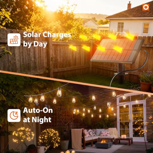 Image of addlon 72FT Solar String Lights Waterproof with Remote & USB, Patio Lights Solar Powered with LED Shatterproof Bulbs Dimmable for Backyard