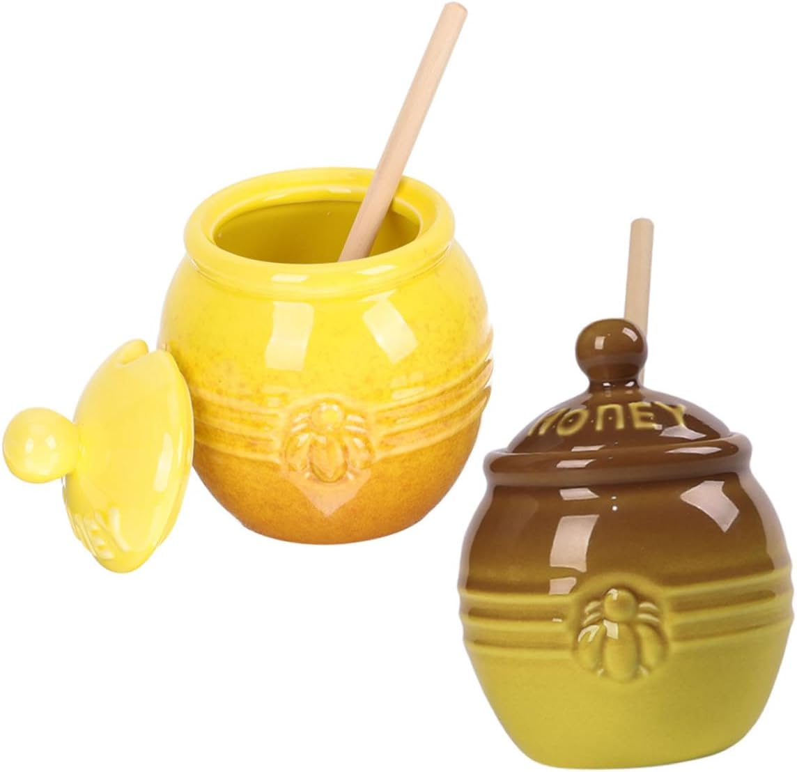 NUOBESTY 2 Set Ceramic Honey Jar with Lid and Wooden Dipper Compact Porcelain Honey Pot Container for Freshness and Easy Storage Lidded for Kitchen Countertop