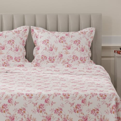 Image of Layers 100% Cotton Bedsheet for King Size Bed | Lumina Floret Collection | 144 TC Soft & Breathable | Printed with 2 Pillow Covers | Wrinkle Free & Colorfast | 3 Piece Bedding Set - Pink & White
