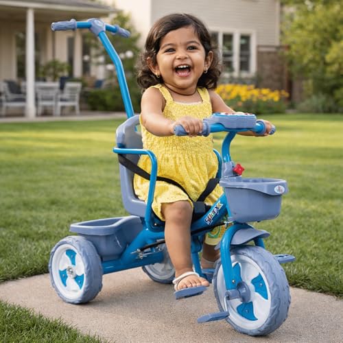 Image of ViniToys Sparx PH Baby Tricycle for Kids 1 to 5 Years with Removable Parental Control Handle, Safety Guard, Seat Belt, Footrest, Music, Storage Baskets and Wide Grip Wheels (Light Blue, Sparx PH)