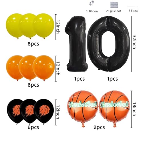 Duxuant 10Th Basketball Balloons Party Set Black Number 10 Foil Mylar Balloons Latex Balloon For 10Th Birthday Party Basketball Theme Anniversary Event Decorations #TOP1