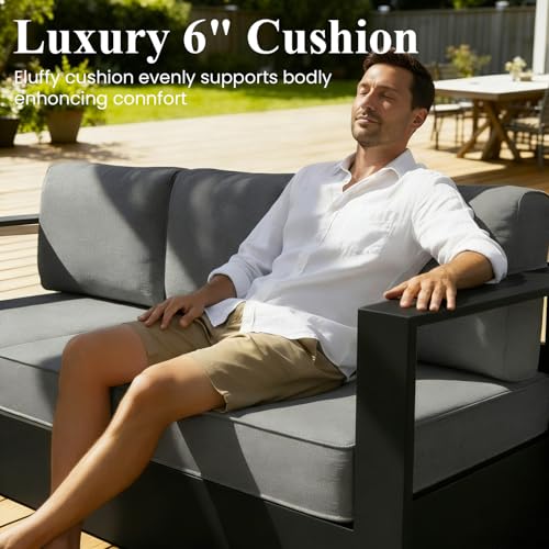 Image of LayinSun Oversized Aluminum Outdoor Furniture Set, 4 Piece Patio Sofa Sets with Fire Pit Table, Deep Seating and Upgraded 6-inch Cushions for Porch, Balcony, Deck