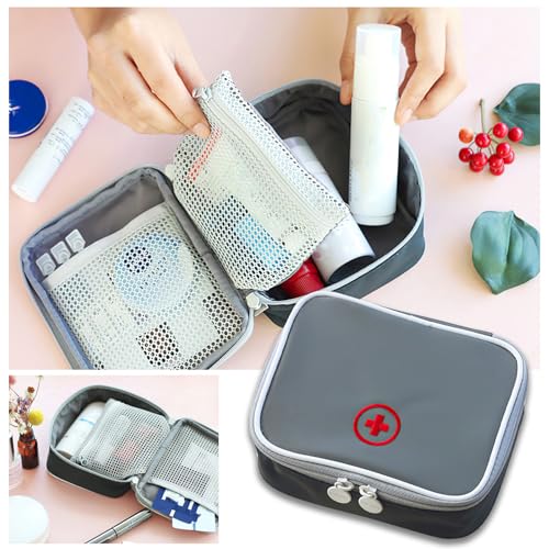 Medikamententasche, Tragbare Mini Notfalltasche, Kleine Medikamententasche, Reiseapotheke Tasche, Medikament Tasche Tragetasche, Tragbar Medizin Aufbewahrungstasche für Home Office Reisen (Grau)