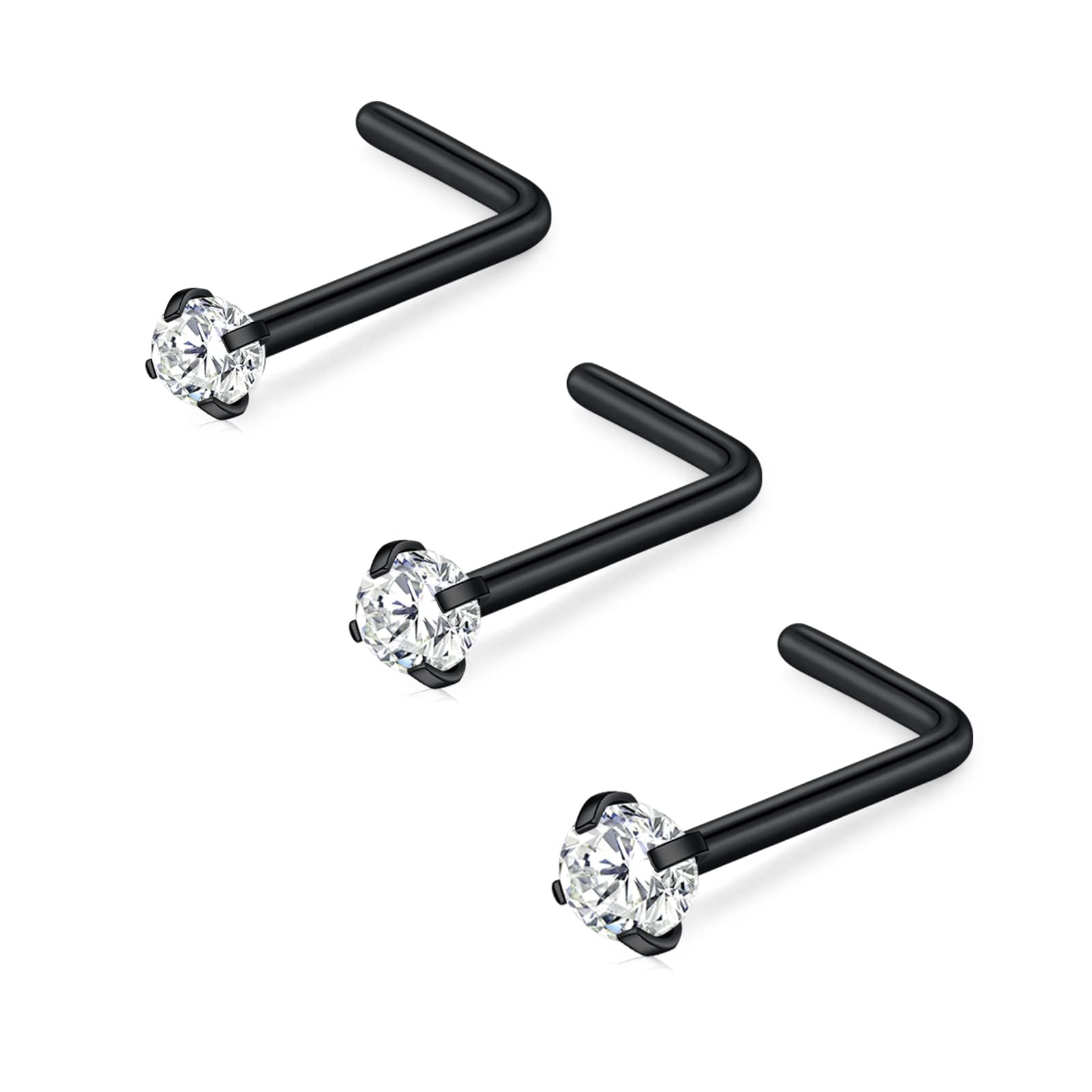 FECTAS Nose Stud L Shape Nose Ring Stud Nose Bar 18G 20G 1.5mm 2mm 2.5mm 3mm L Shaped Nose Piercing Jewellery Stainless Steel Clear Pink Blue Round Star Heart Diamond Silver Gold Black — view 4