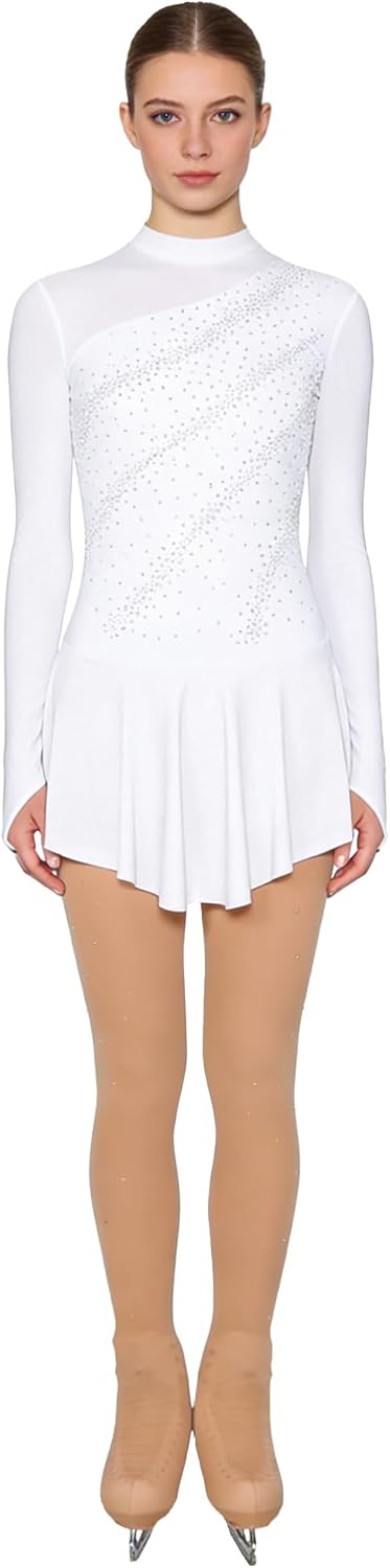 Women Figure Skating Dress Long Sleeve Rhinestone Lyrical Ballet Skirt Leotard with Boot Cover Tights
