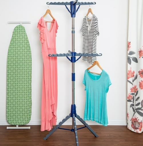 Space-Saving 2-Tier Steel Tripod Hanging Clothes Drying Rack, Blue/Silver, Collapsible, Adjustable Height, Holds Up to 65 Garments