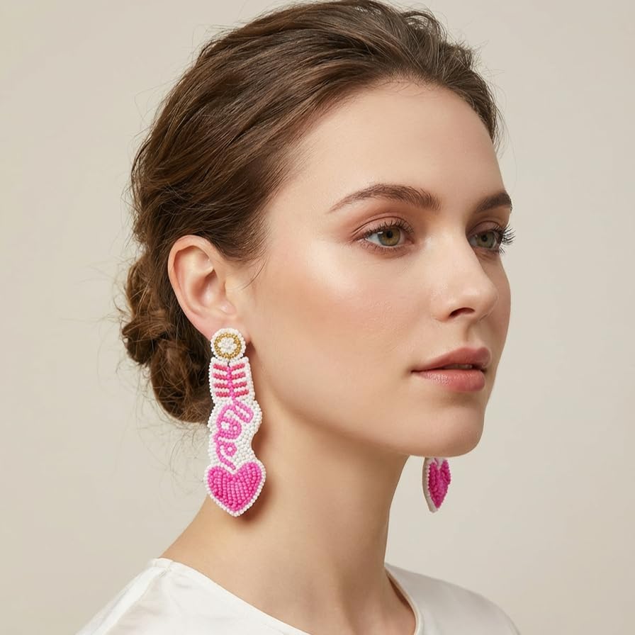 Valentine's Day Bead Love Earrings for Women, Handmade Love Dangle Earrings Fashion Jewelry Gift for Her Date Night Party Accessories - Image 3