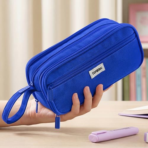 Image of TOPBIDAI Large Pencil Case Pouch for Girls Boy Women Men Adults | Big Capacity Canvas Pencil Bag, Office School Supplies, Multi Compartment Zipper Stationery Pen Box (Dark Blue)