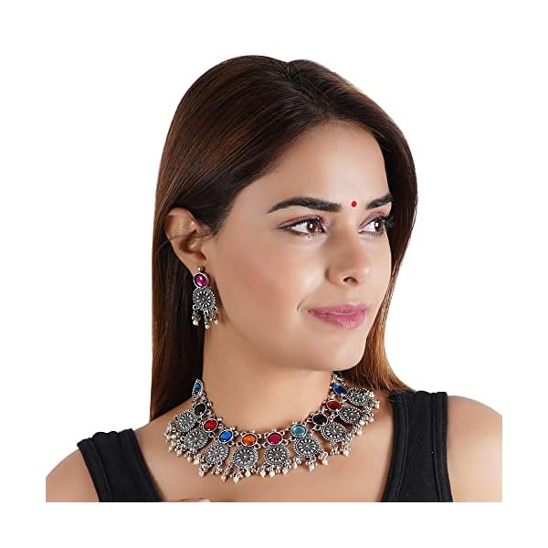 Shreyadzines Fashion Latest Choker Design Oxidised Silver Stone Traditional Necklace Earrings Jewellery Set for Women - Image 4