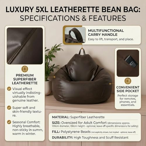 Image of KAM'S LIEU Bean Bag Chair with Footrest & Cushion | Pre-Filled Beans | PVC Leatherette Lounger Sofa | Indoor & Outdoor Bean Bag | 6 Months Warranty Size & Color- (Brown, XXXXXL, Premium)