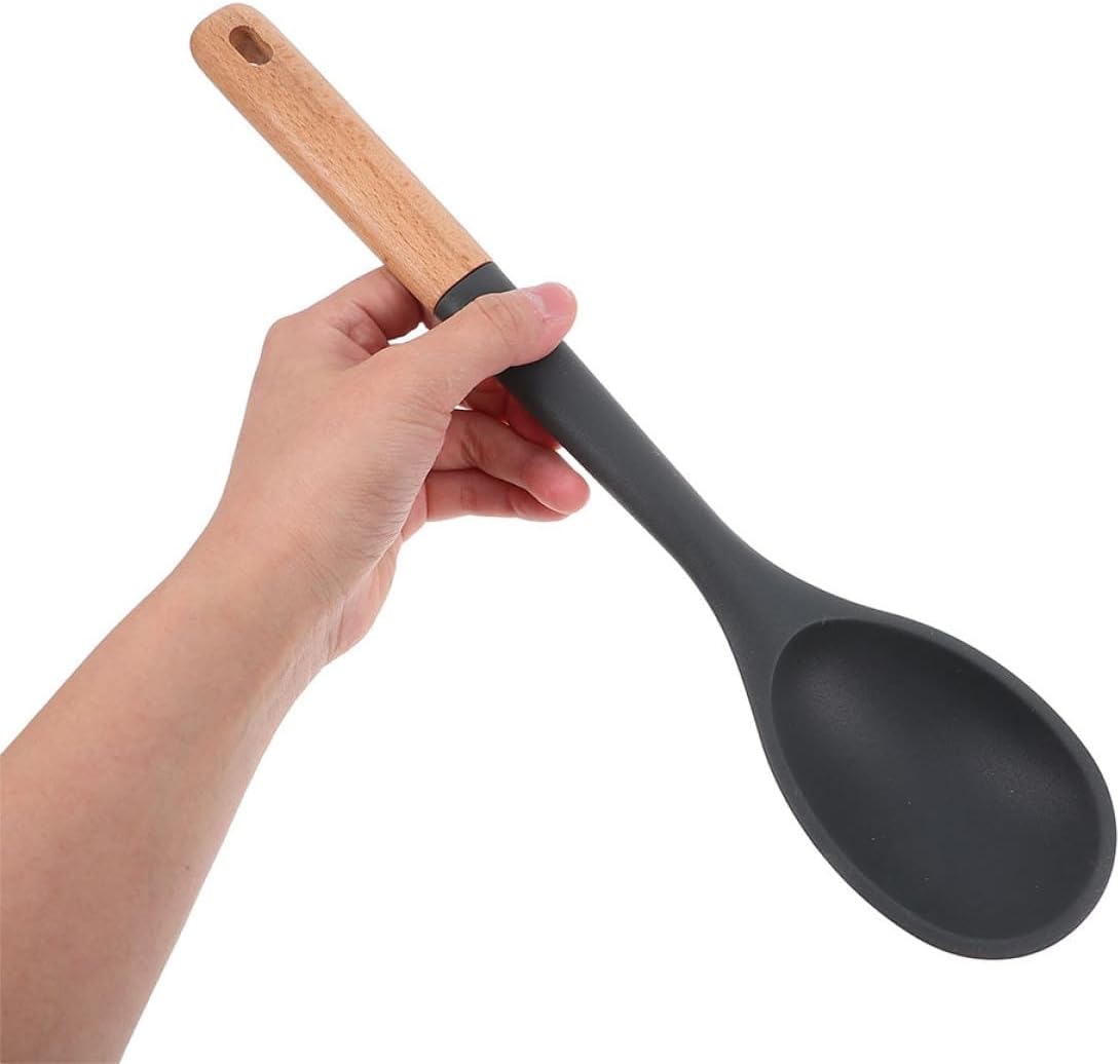 2pcs Large Silicone Cooking Spoon Set with Black Heat-resistant Silicone Heads and Solid Wooden Handles for Nonstick Cookware, Multifunctional Serving, Stirring, and Scooping