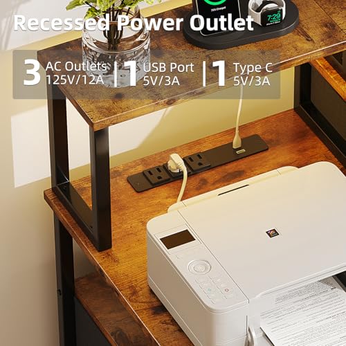 Image of 53 inch Computer Desk with 4 Drawers & Power Outlets, Reversible Home Office Desk with Monitor Stand & Printer Stand, Gaming Desks with Led Lights, Study Writing Work Desks Table for Bedroom, Vintage