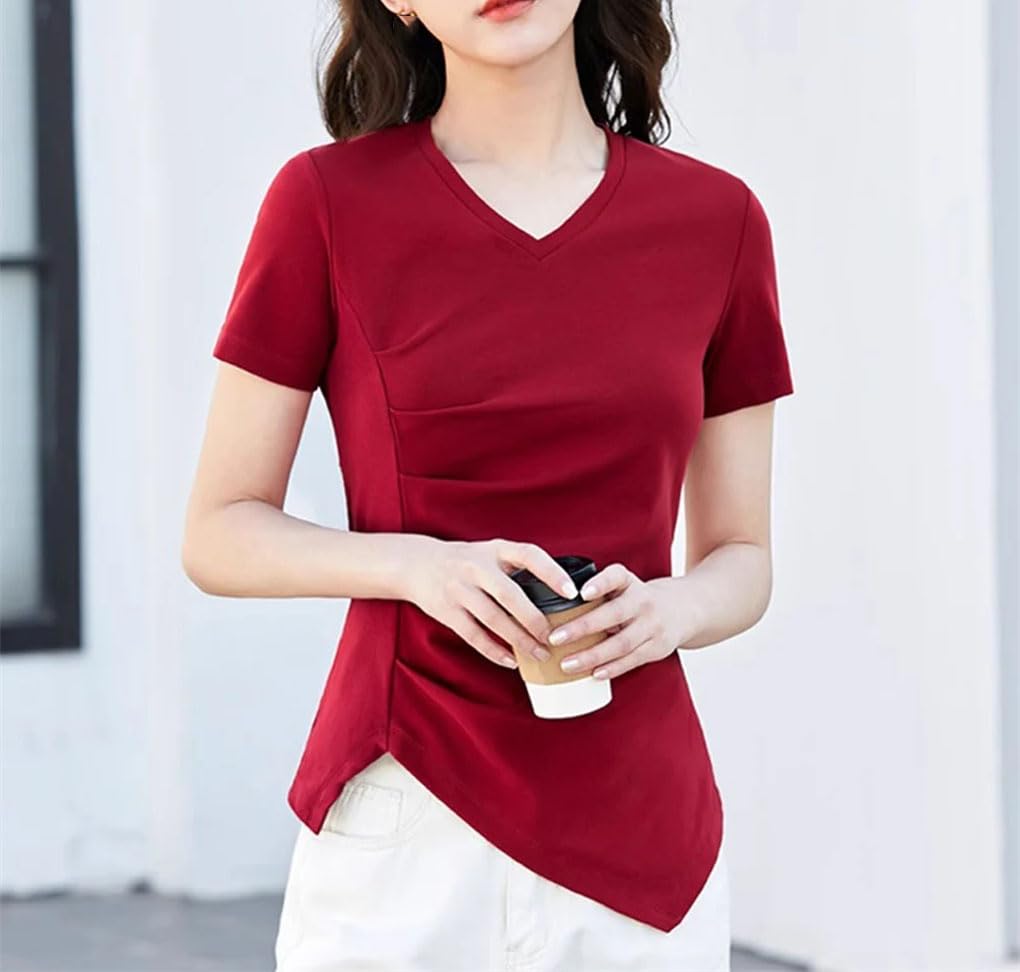 Maglietta a maniche corte da donna con scollo a V a pieghe casual