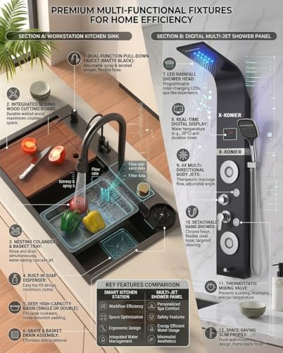 Image of X-XONIER 304 Grade Stainless Steel 7 In 1 Shower panel and All in One Sink Combo Multifunction Handheld Mist Spray Temperature Display (black)