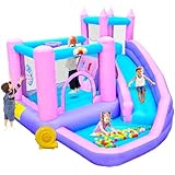 WELLFUNTIME Inflatable Bounce House with Slide, Kids Jumping Castle with Blower, Ball Pit, Climbing Wall, Dartboard, Basketball Hoop, 108x122x86 Inch