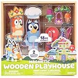Horizon Group USA Bluey Magnetic Wooden Playhouse, 18 Piece Activity Set, Includes 2 Wooden Dolls House, Great Toys for Kids, Fun Birthday Party Activity, House Playset