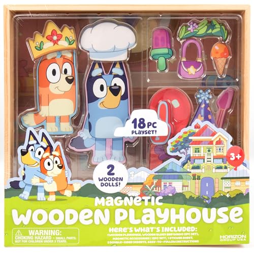 Image of Horizon Group USA Bluey Magnetic Wooden Playhouse, 18 Piece Activity Set, Includes 2 Wooden Dolls House, Great Toys for Kids, Fun Birthday Party Activity, House Playset